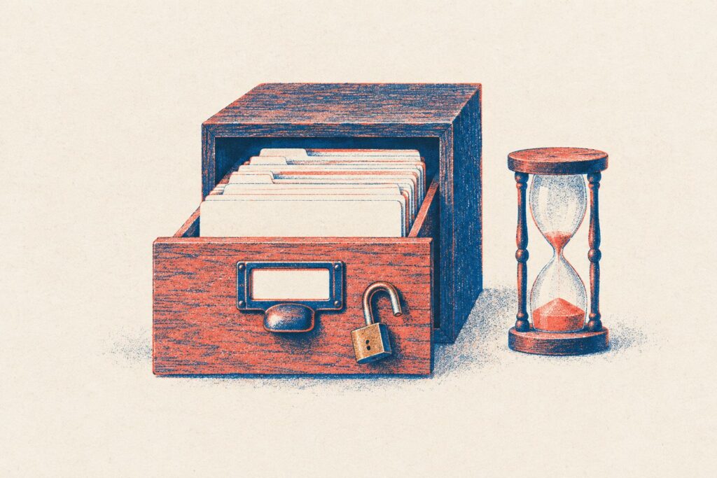 A two-color risograph print of an open card-file drawer full of blank forms, an unlocked padlock on its front and a sand timer nearly run out, a visual for the Drupal Webform vulnerability advisories and the Drupal 10 end of life deadline association leaders need to plan around