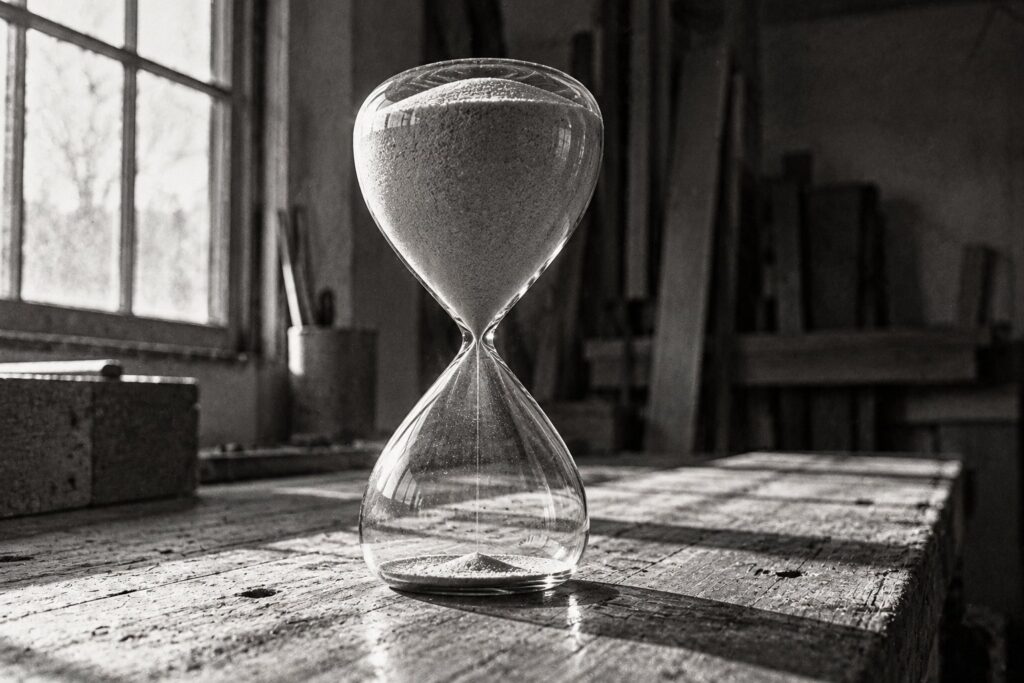 A black-and-white film photograph of a tall glass hourglass on a worn wooden workbench, lit by hard window light from the side, with sand heaped high in the upper bulb and stalled at a narrow neck while the lower bulb holds only a thin layer, a visual for the exchange server october update issue that leaves mail stuck in queues
