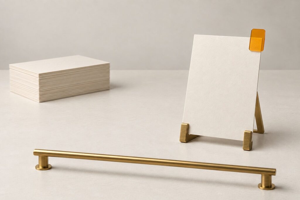 A studio photograph on a pale desk of a neat stack of blank cards beside one card propped on a small brass stand with an orange tab clipped to its corner, a visual for the Gmail AI Inbox, which pulls priority work email and to-dos to the top for paid Google Workspace users