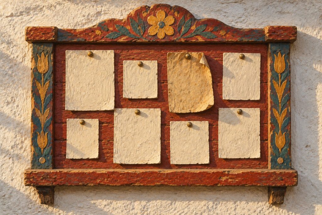 A folk-art painted wood relief of a small wooden noticeboard on a whitewashed shop wall, covered with crisp blank paper notices and one sun-faded, curled old notice still pinned among them, a visual for Google Ads automated promotions pulling offers from a website, including ones that should have come down