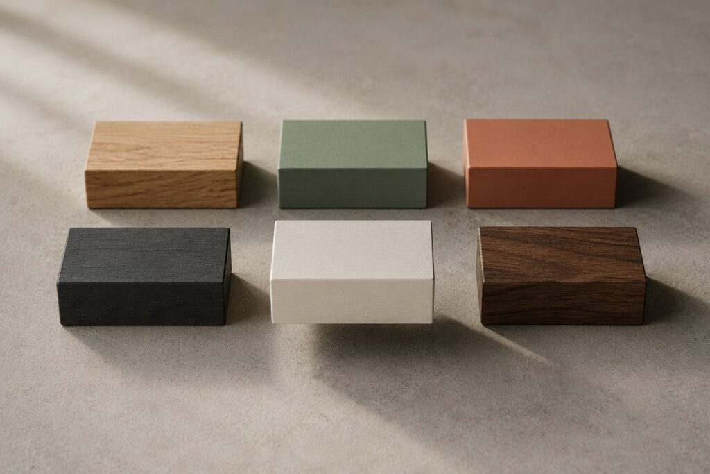 A studio photograph of six rectangular blocks in oak, sage green, terracotta, black, white and walnut set in two rows on a gray concrete surface, a visual for Google Ads channel prioritization, which lets advertisers rank Search, Shopping, Display and other channels for budget