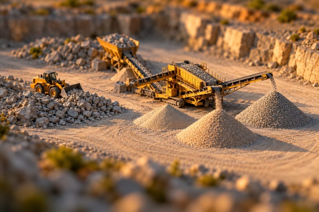 A tilt-shift miniature model of a small gravel quarry for a recap of the September 2026 spam update: a yellow conveyor screen sorts stone into neat cone-shaped piles of clean gravel, while a toy-sized loader sets a separate pile of rough rubble aside, seen from a high angle in late afternoon light with a narrow band of sharp focus across the center.