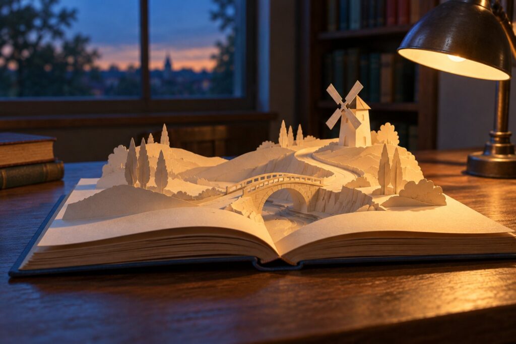 A cinematic color photograph of a large open pop-up book on a dark walnut table at dusk, its blank cream pages rising into a folded paper landscape with a small bridge, a winding road and a tiny windmill, lit by a warm desk lamp against cool blue window light, a visual for ChatGPT's Intelligent UI turning flat text answers into visuals and tools you can use