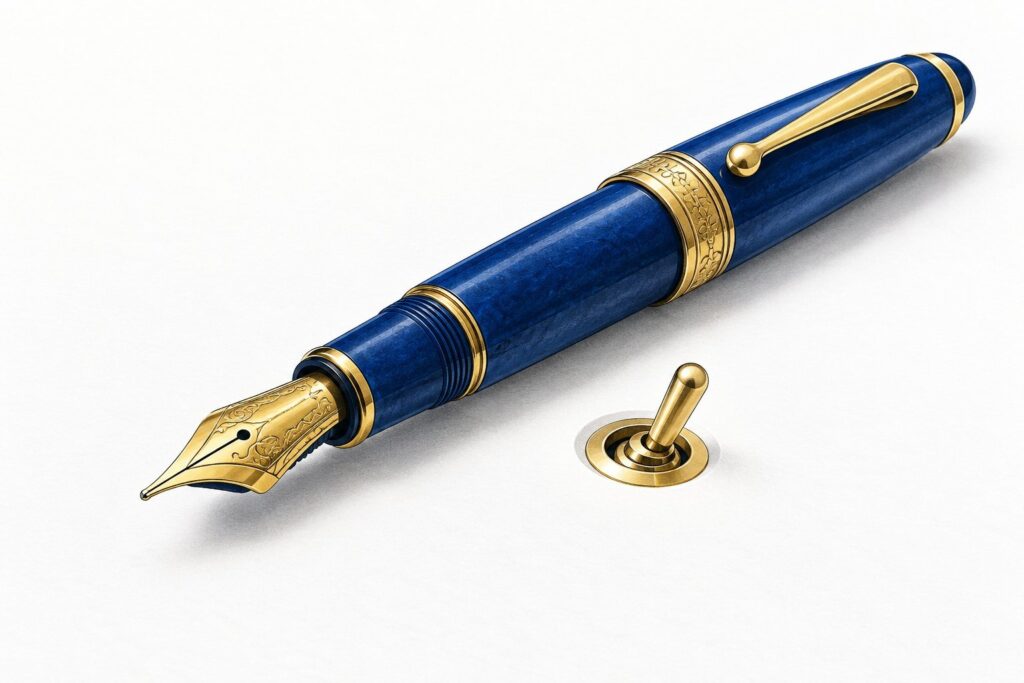 A glossy product render on a white background of a blue and gold fountain pen lying on a diagonal beside a small brass toggle switch, a visual for setting up a ChatGPT dot and checking its settings, such as custom rules and connected apps, before giving it a first task