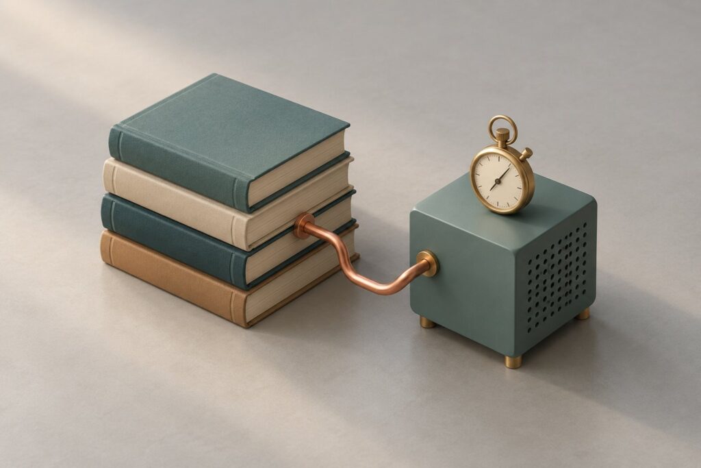 A clean isometric 3D render of a neat stack of closed hardcover books linked by a thin copper pipe to a compact matte computer cube, with a brass stopwatch resting on top of the cube, set on a pale gray floor tile, a visual for MLPerf Inference v6.1 and its new benchmarks that time how fast hardware retrieves documents and answers questions