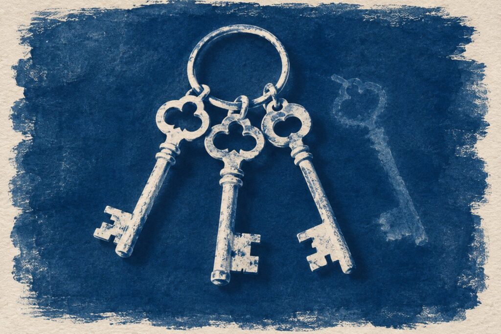 A cyanotype print in deep Prussian blue showing the white silhouettes of three old skeleton keys hanging from a plain iron ring, with the faint pale outline of a fourth key beside them where one was lifted away, a visual for the next OpenAI API shutoff, when GPT-5.1, GPT-5.3-Codex and GPT-5.4 nano stop working on April 1, 2027