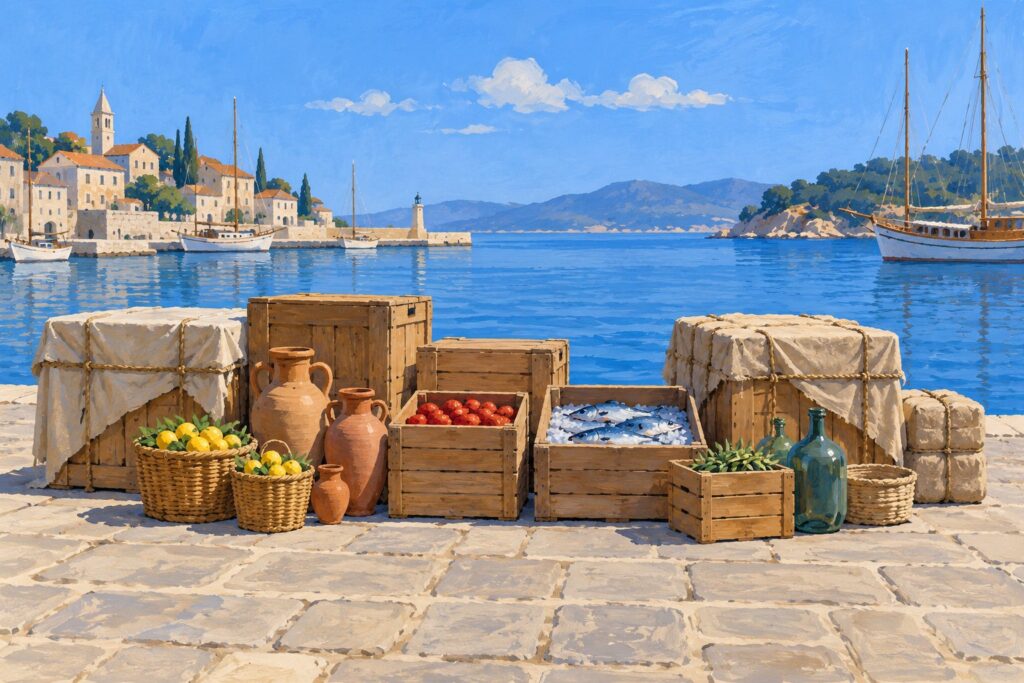 A gouache painting of a sunny harbor quay at midday, where a row of wooden shipping crates sits on the stones: some are open with their goods unpacked beside them, and others are still covered with canvas and tied with rope, a visual for OpenAI DevDay 2026, where some announcements shipped the same day and others are still on the way