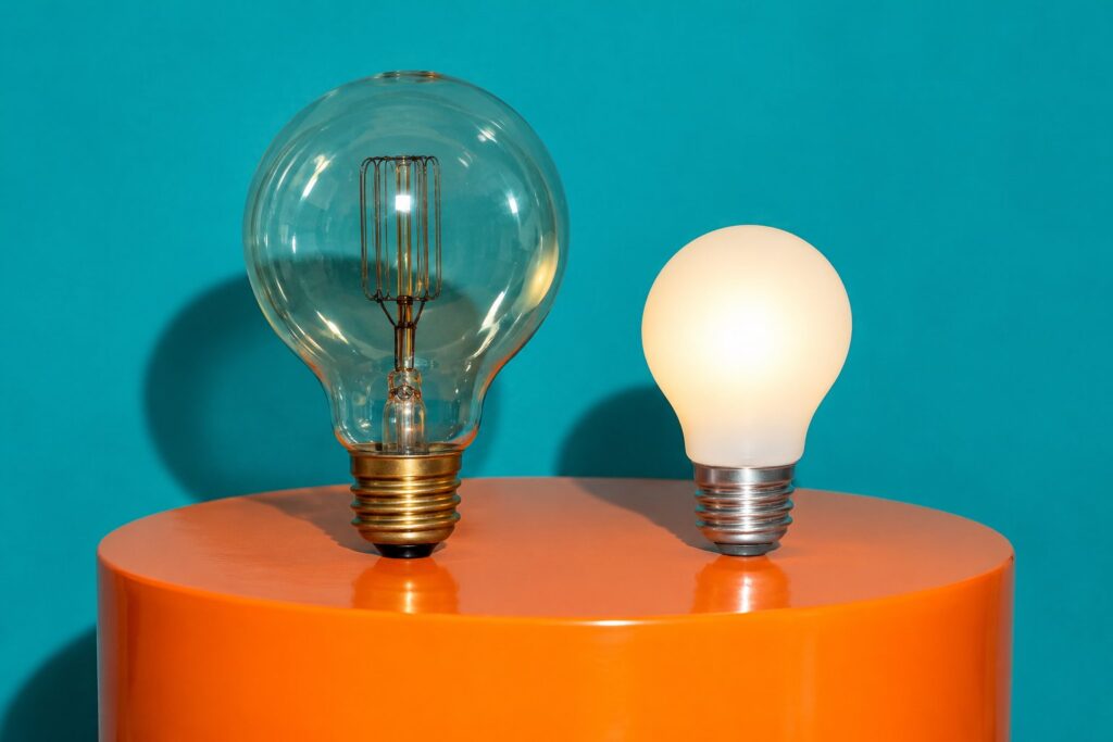A colorful studio still life photograph lit by hard direct flash, with two light bulbs standing side by side on a glossy tangerine pedestal against a saturated teal backdrop: a large old clear bulb with a dark filament and a smaller new frosted bulb glowing softly, a visual for the GPT-4o shutdown on January 14, 2027, when OpenAI removes GPT-4o, GPT-4o mini, GPT-4.1 and GPT-4.1 mini from its API and names GPT-6 Luna as the replacement