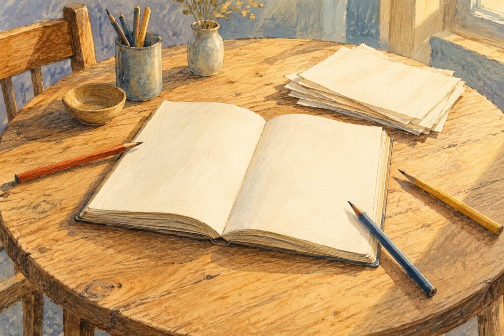 A soft pencil sketch with a light watercolor tint of a round wooden worktable seen from slightly above, one large open notebook at its center, three pencils pointing toward it from different sides and a small stack of loose pages beside it, a visual for ChatGPT Space, OpenAI's shared workspace where teammates and AI agents work on the same documents