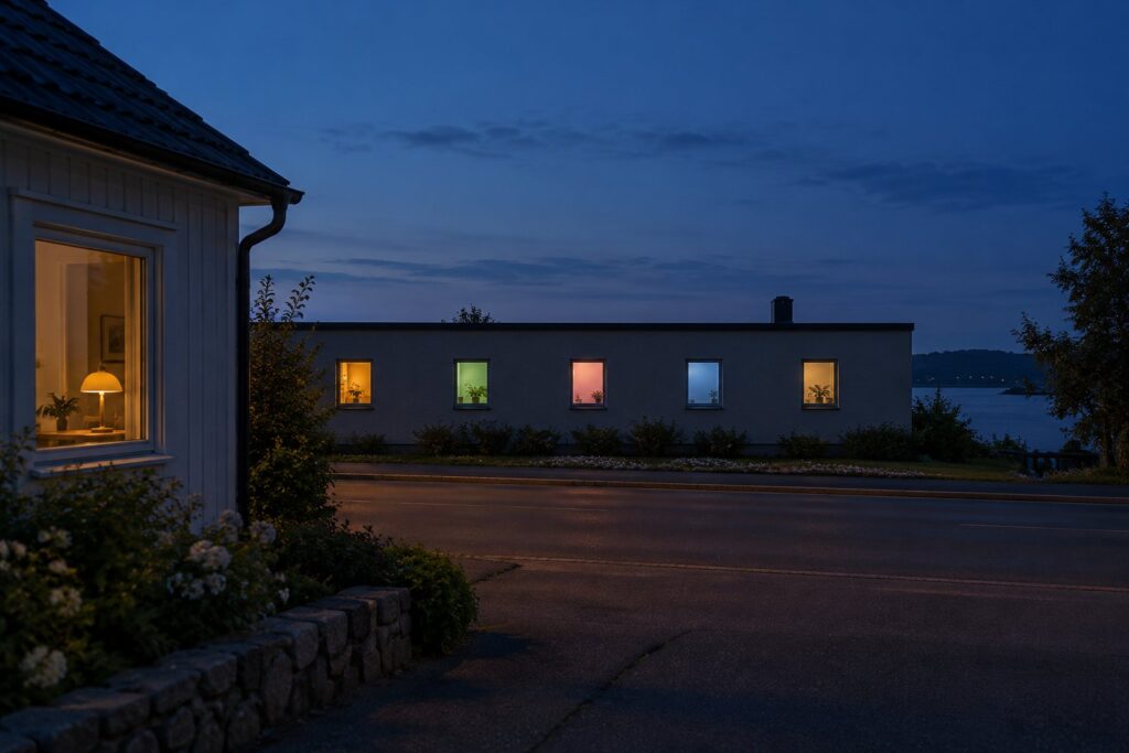 A row of five small lit windows in a dark building at dusk, each window glowing a different color while a single desk lamp glows in a nearby house, a visual for where AI agents run in 2026, in the vendor's cloud or on your own computer